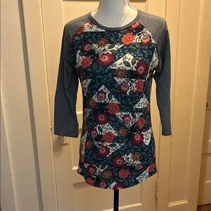 LuLaRoe Gray and Floral Long Sleeve Top